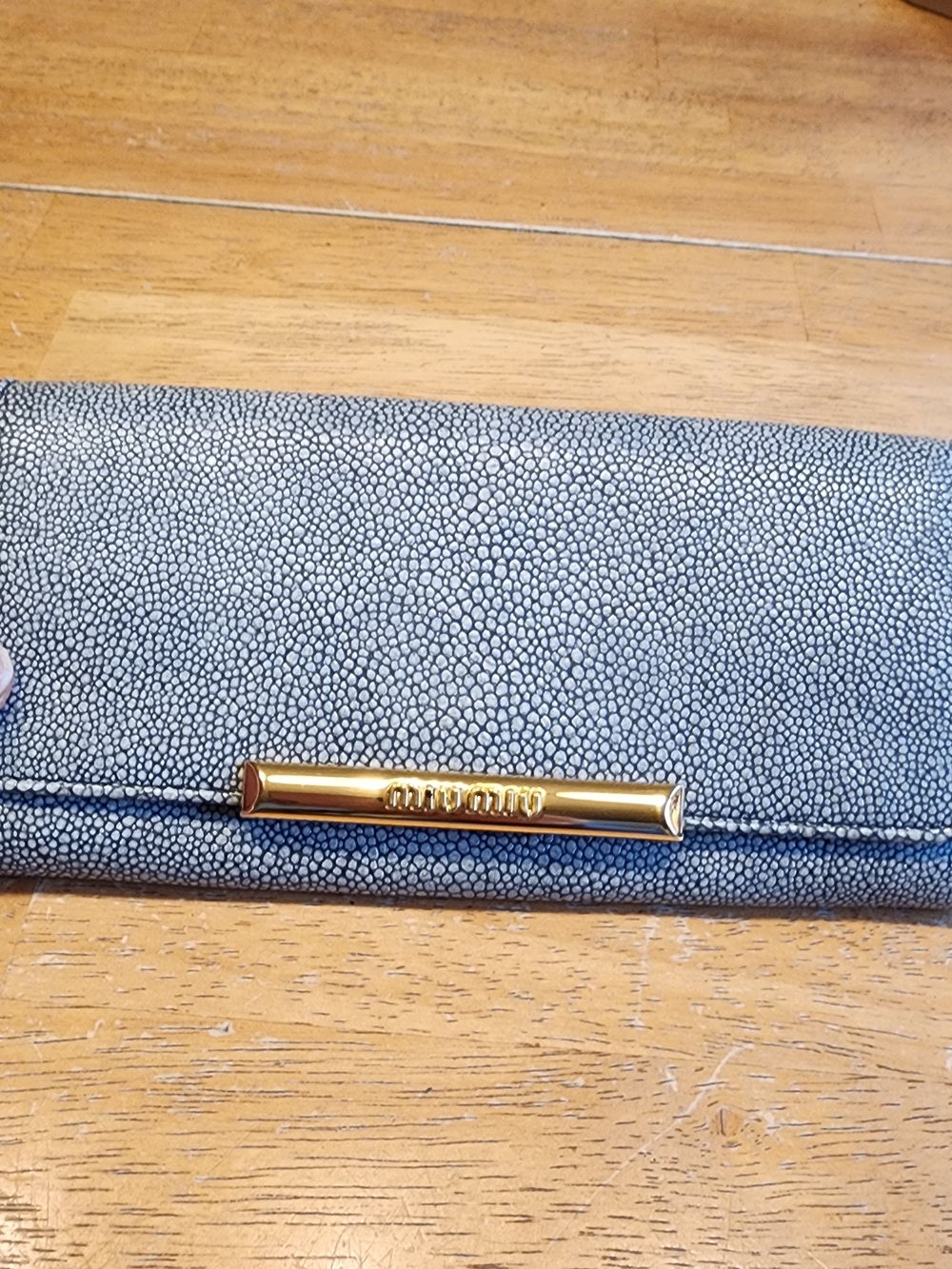 Exotic Miu Miu enamel bijou stingray leather wallet